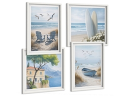 Composição De Quadros Na Parede Praia, Pranchas De Surfe, Pássaros Moldura Branca Imagens Para Um Quarto Infantil Espelharte (conjunto De 4 Imagens)
