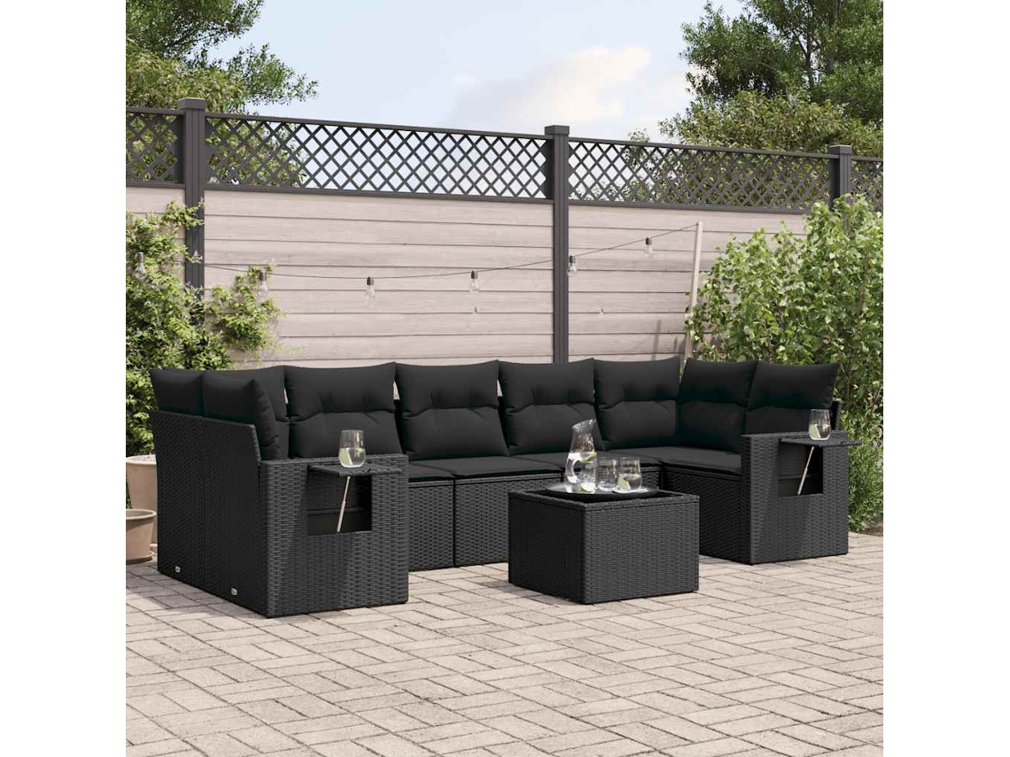 Vidaxl 8 Pcs Conjunto Sofás De Jardim Com Almofadões Vime Pe Preto
