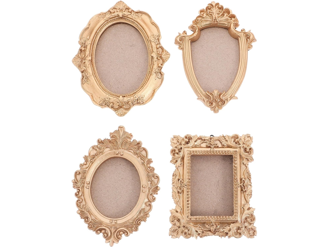 Conjunto De 4 Porta-retratos Decorativos De Parede Em Resina Dourada, Formatos Oval E Retangular.
