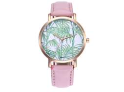 Relógio de Pulso Feminino de Quartzo com Pulseira de Couro Pu Esfera Redonda Simples Rosa