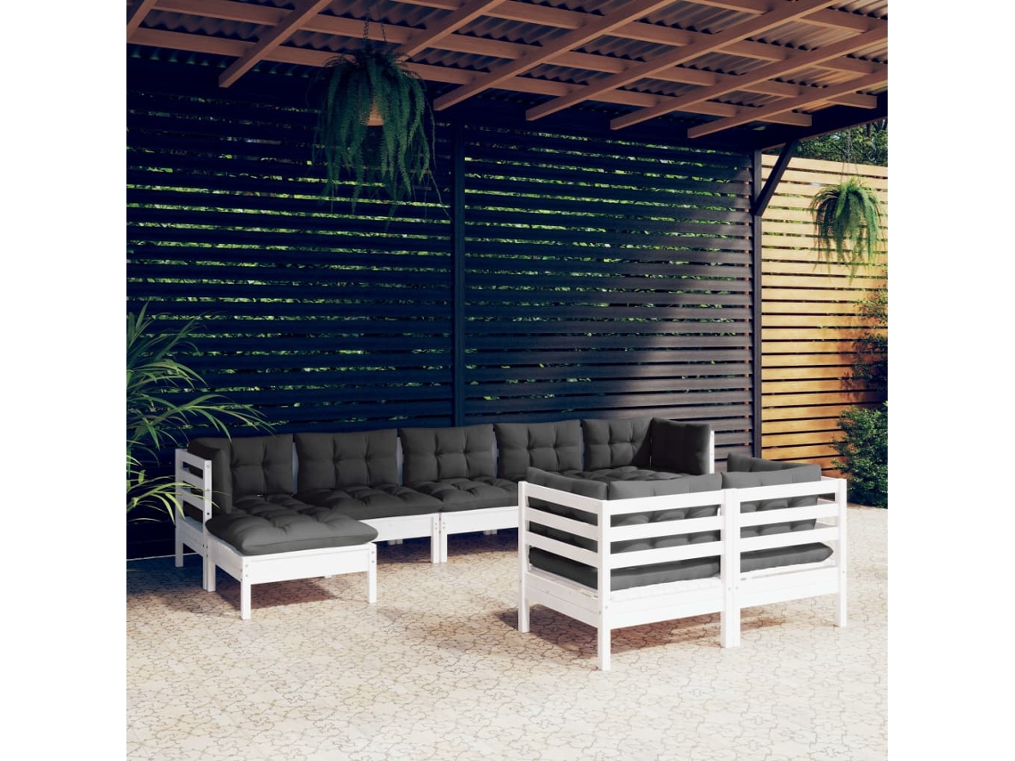 Conjunto 9 Peças Lounge De Jardim C/ Almofadas Pinho Maciço Branco Dkd Home Decor