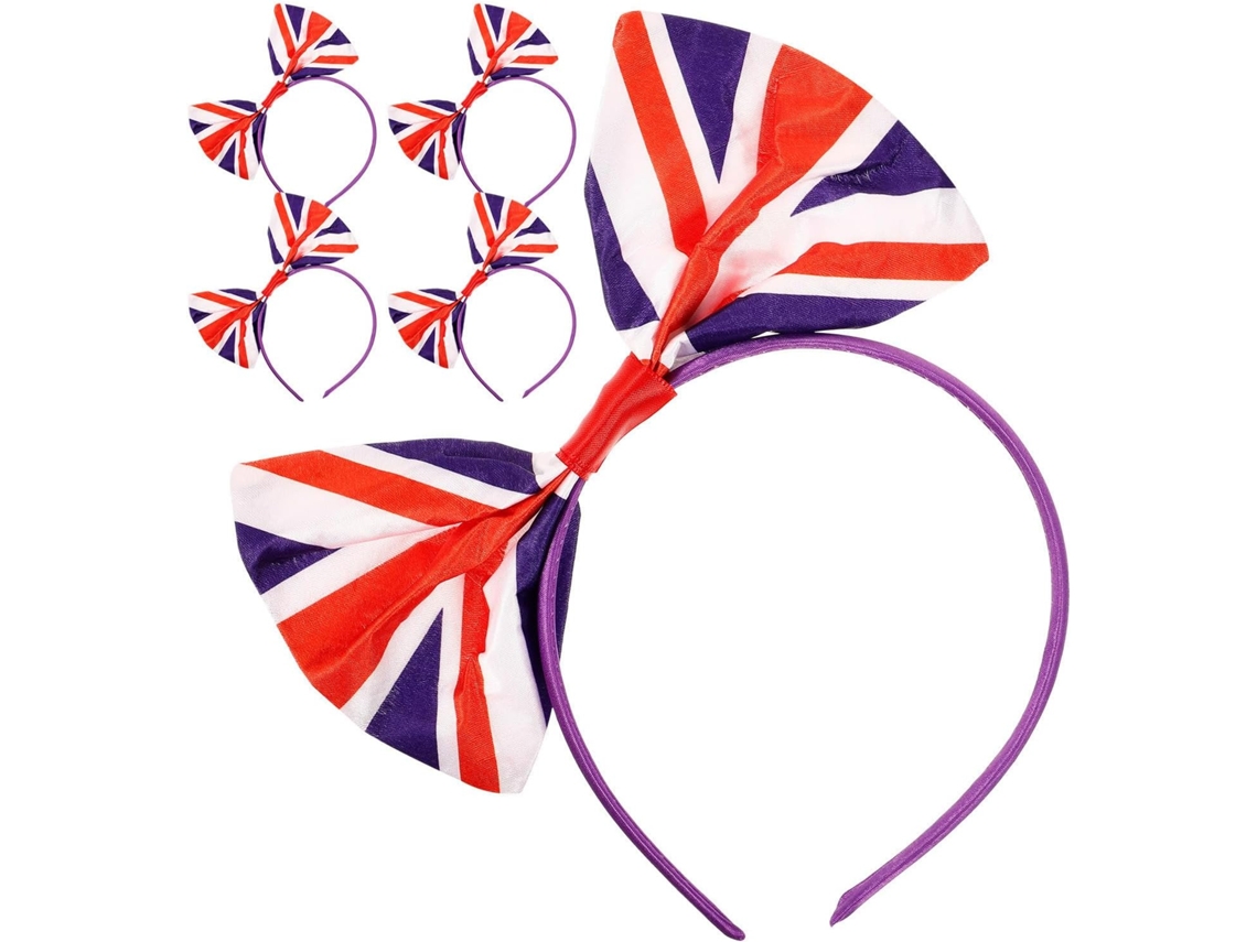 Conjunto de 5 faixas de cabelo com laço Cetim e estampa da banda britânica, perfeitas para festivais e comemorações.