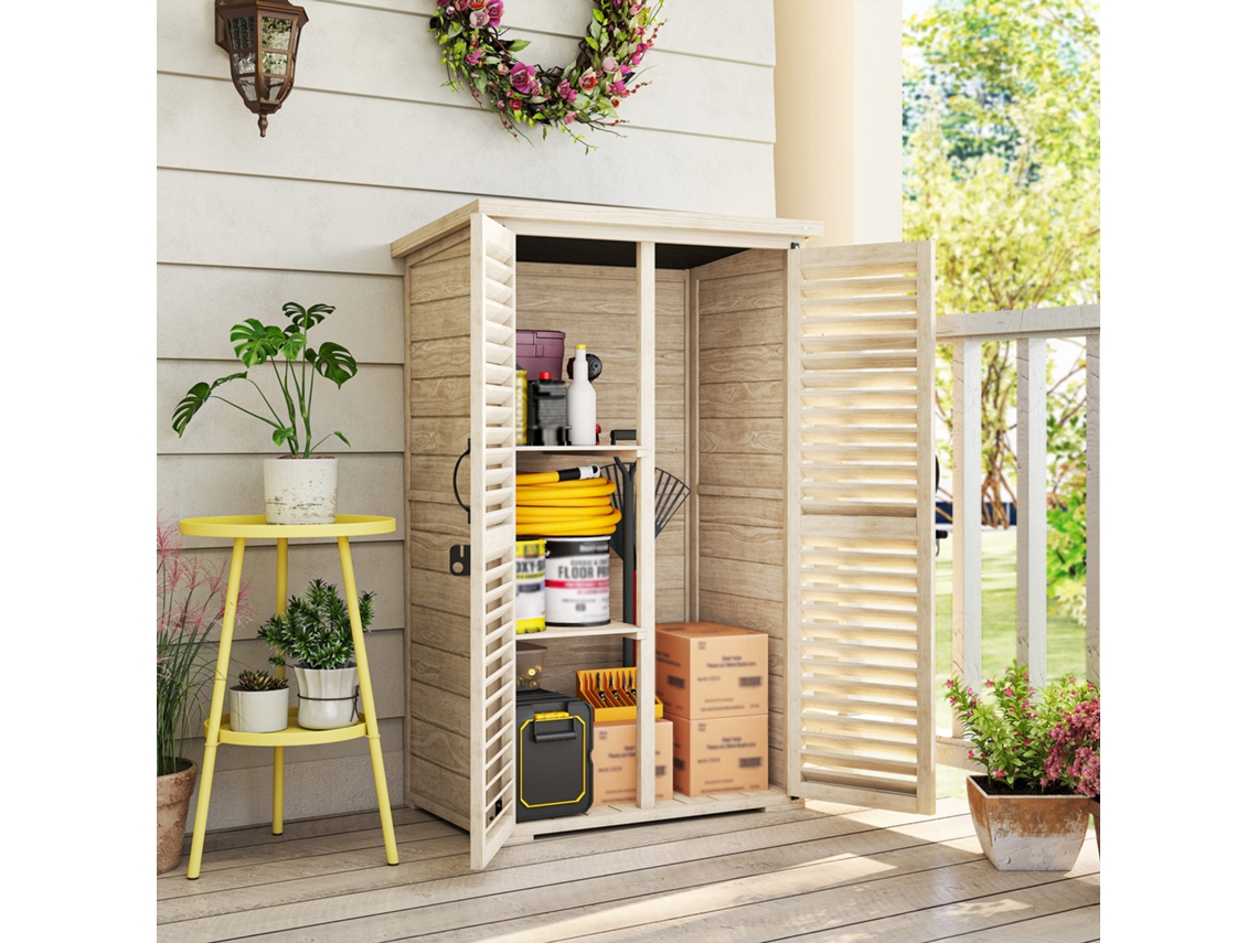 Armário Externo De Madeira Para Jardim 75x50x118 Cm, Com Duas Portas E Duas Prateleiras Para Guardar Ferramentas - Cor Natural