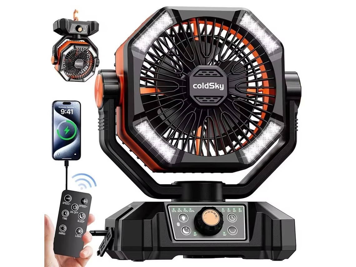 Ventilador Portátil Para Camping Com Luz Led, 8 Velocidades, Bateria De 20000mah E Controle Remoto