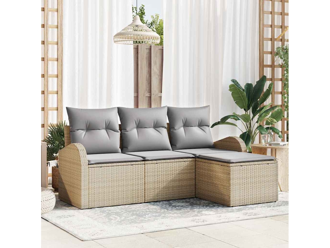 Vidaxl Conjunto De Sofás Com Almofada 4 Pcs Bege E Cinza Claro Vime Pe