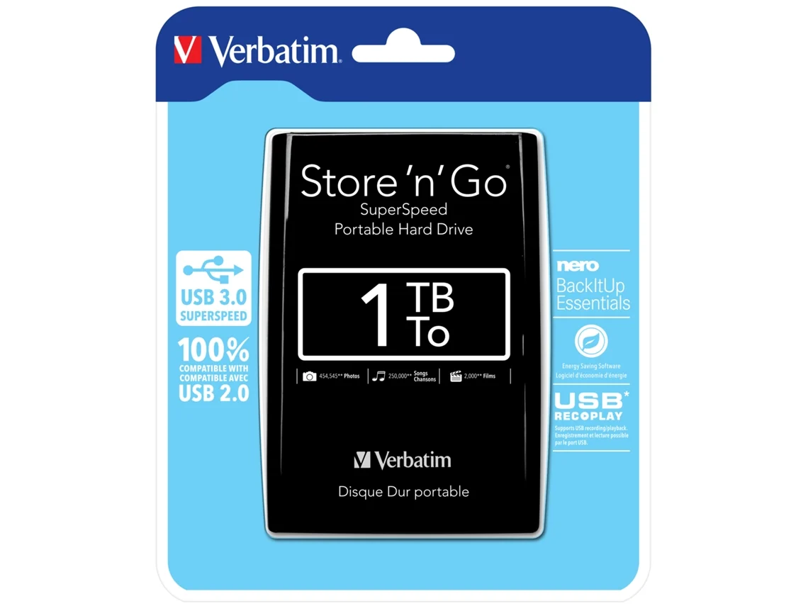 Disco Externo HDD VERBATIM Store 'n' Go (2.5'' - 1TB - Preto)