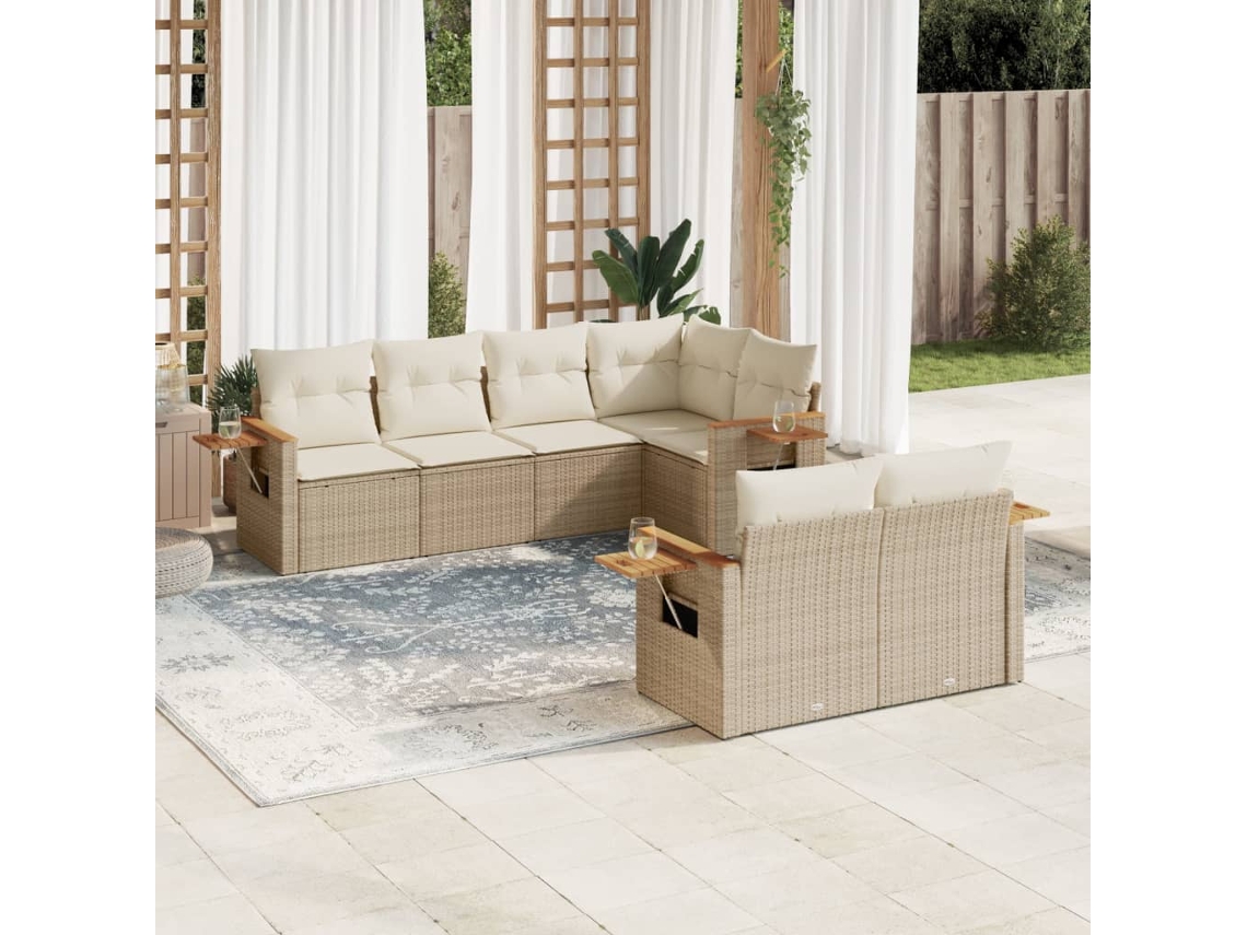 Vidaxl 7 Pcs Conjunto De Sofás P/ Jardim Com Almofadões Vime Pe Bege