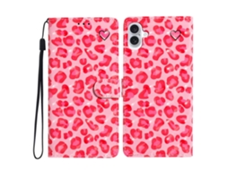 Capa Em Couro Pu Para Apple Iphone 16 - Estampado Leopardo Rosa