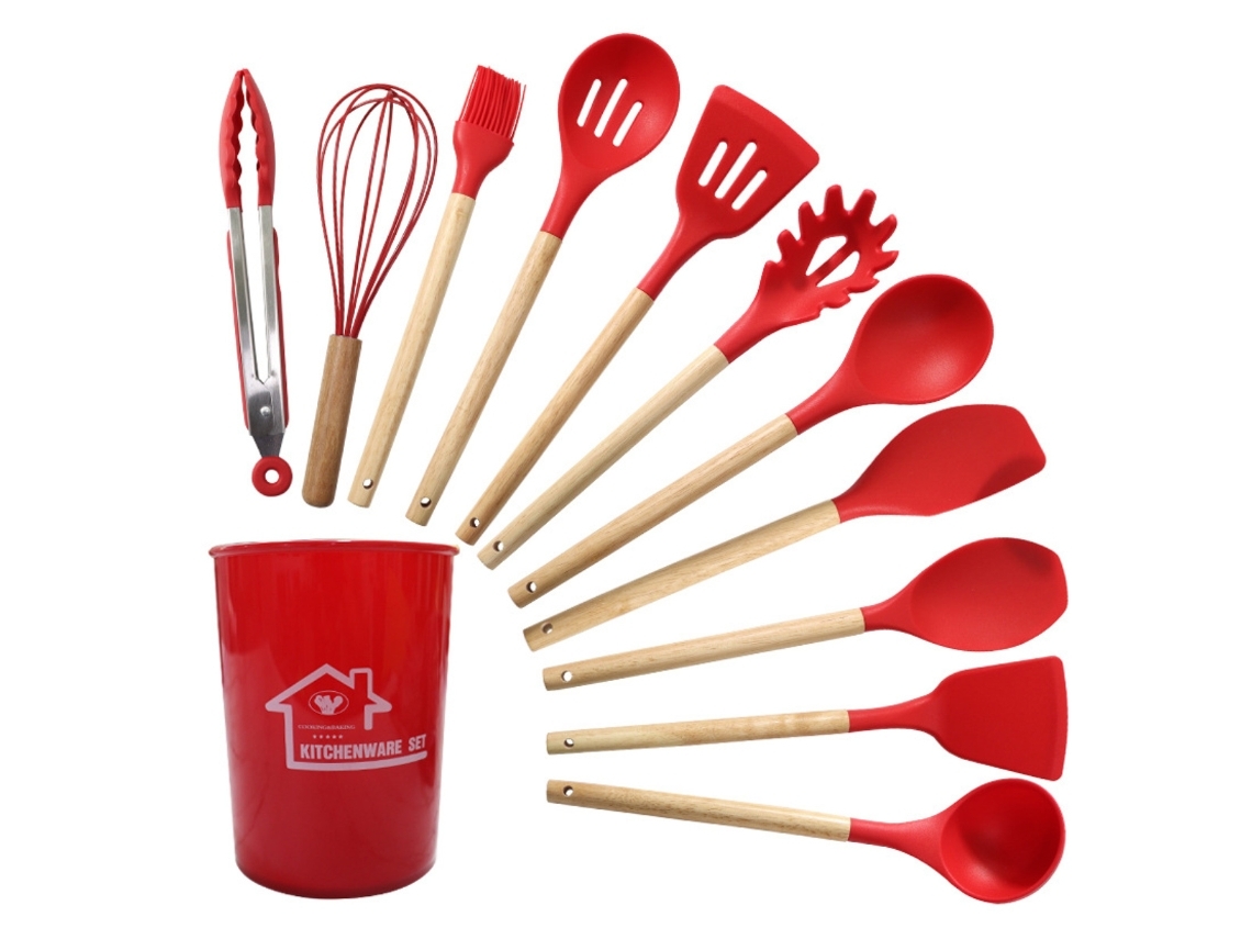 Conjunto De Utensílios De Cozinha Em Silicone Resistente Ao Calor, Espátulas Com Cabos De Madeira E Panelas Antiaderentes*