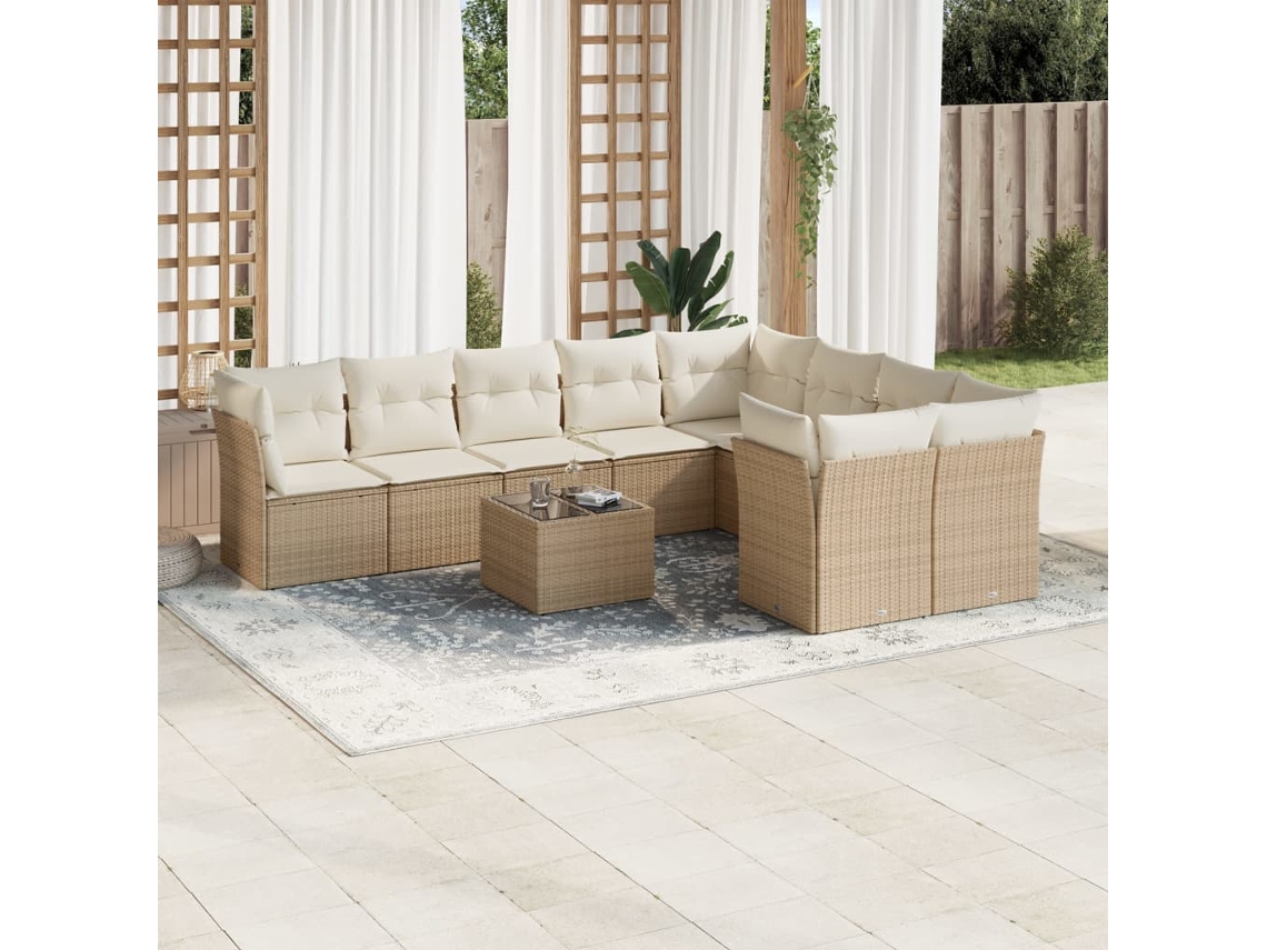 Vidaxl 10 Pcs Conjunto De Sofás P/ Jardim Com Almofadões Vime Pe Bege
