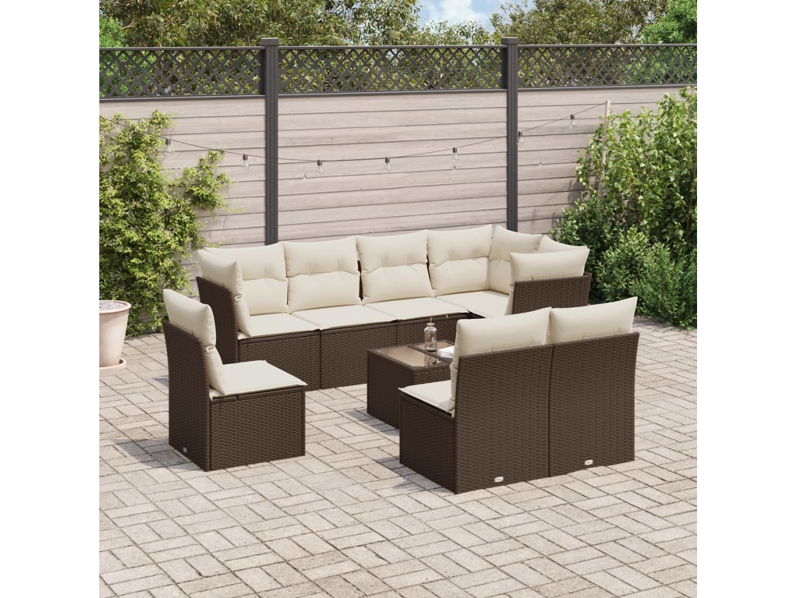 Vidaxl 9 Pcs Conjunto Sofás P/ Jardim C/ Almofadões Vime Pe Castanho