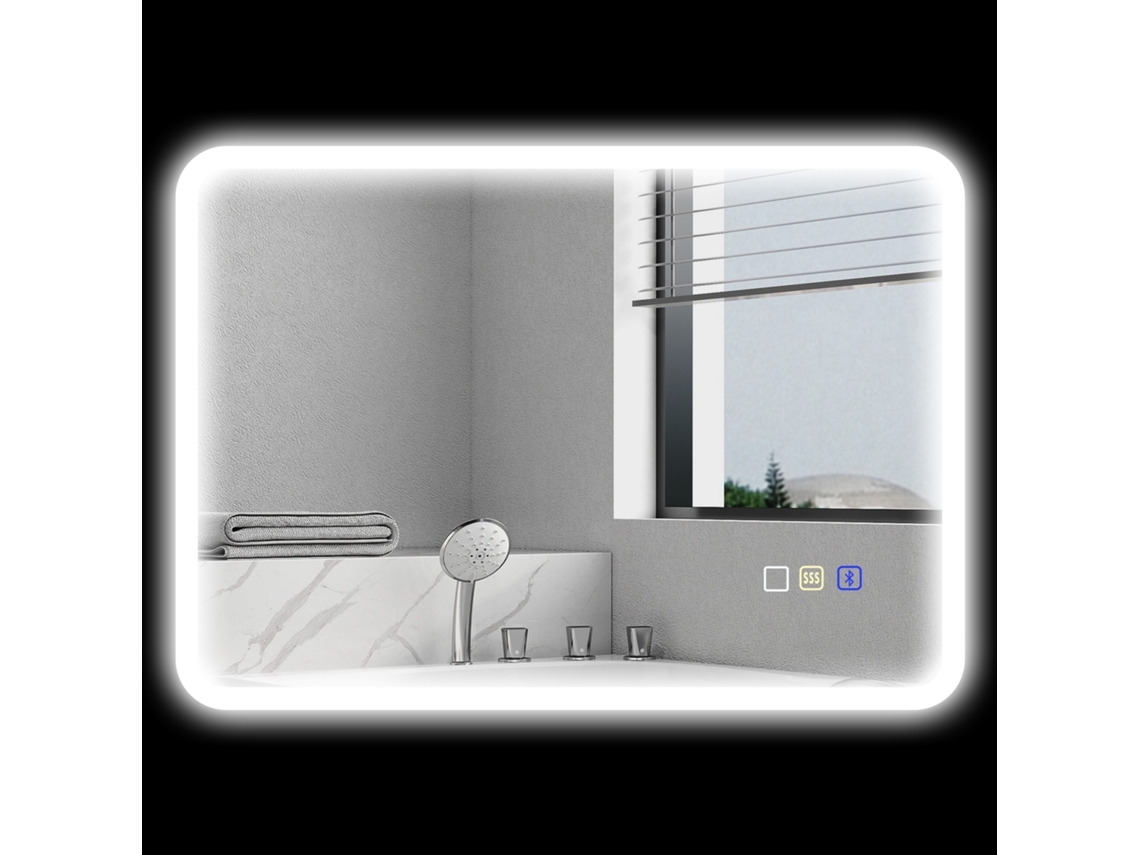 Espelho De Banheiro Com Led, Bluetooth, 50 X 70 Cm, Interruptor Sensível Ao Toque, Luz Ajustável, 3 Cores, Antiembaçante, Função De Memória, Prateado