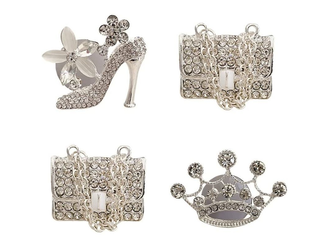 Clip Charm para Ventilação de Carro com Sapato de Salto Alto, Bolsa Mágica e Coroa de Cristal (prata 4pcs)
