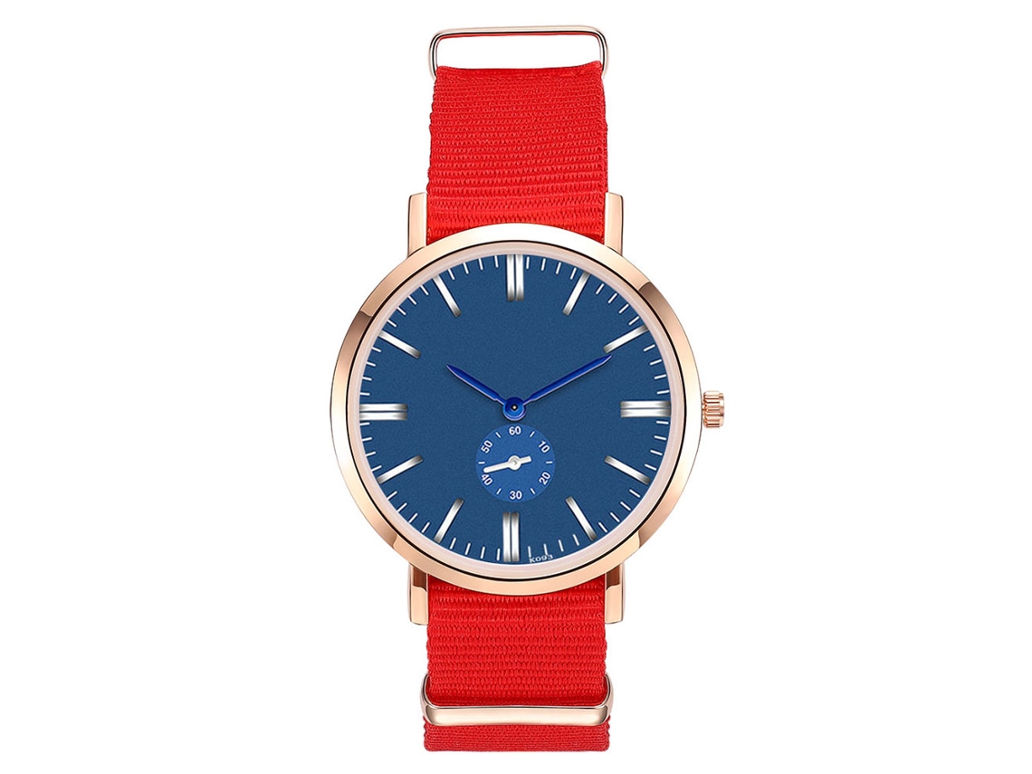 Relógio masculino Zhoulianfa de quartzo com pulseira de nylon, mostrador azul e escala vermelha.