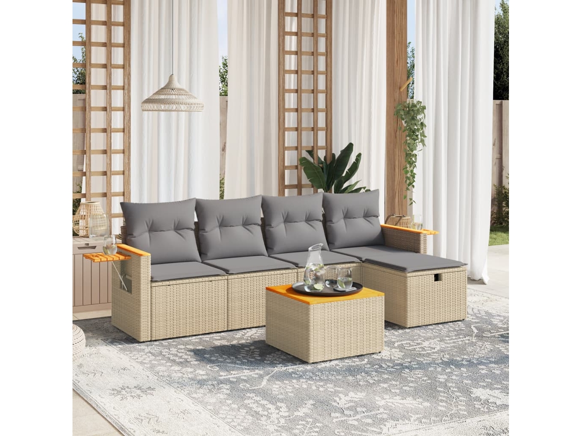 Vidaxl 6 Pcs Conj. Sofás Jardim C/ Almofadões Vime Pe Bege Misturado