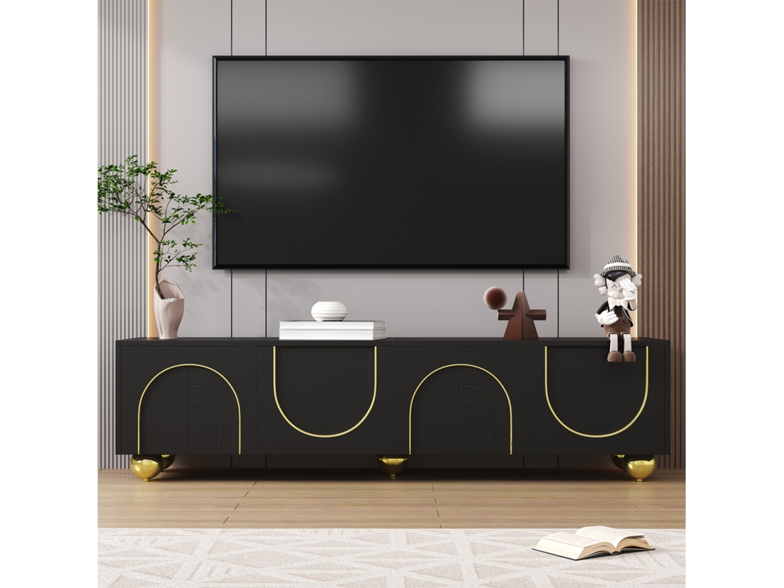 Armário De Tv, Placa Baixa Com Portas Texturizadas, Acabamento Dourado, Pernas Arredondadas Douradas, Prateleiras Incluídas, Push-to-abrir-zz