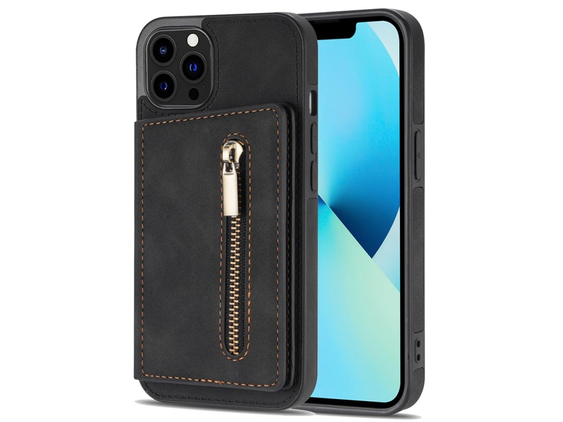 Capa Para Iphone 14 Pro Pele Sintética Anti-choque Com Porta-cartões Preto