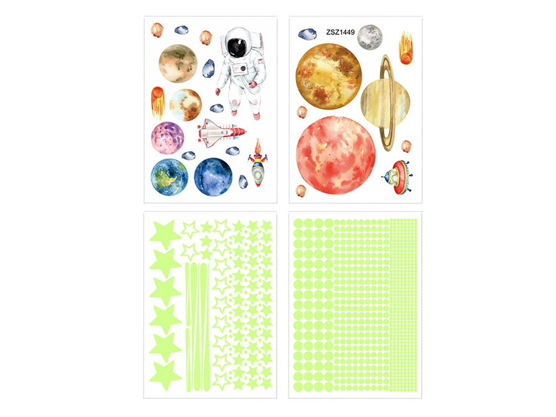 Baok-4 Folhas de Adesivos Luminosos Fluorescentes com Astronautas, Estrelas e Pontos no Céu para Decoração de Quarto Infantil (20x28cm)