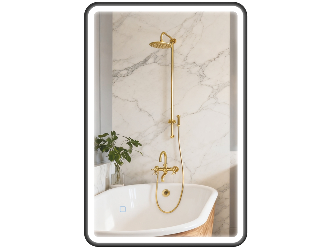 Espelho Preto Led Montado Na Parede Para Banheiro 90x60 cm, Anti‑embaça, 3 Cores De Luz, Regulável