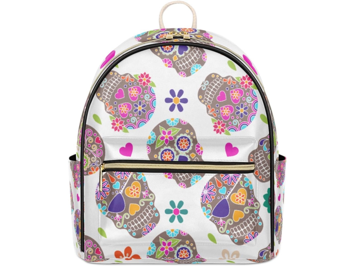 Mochila Tropicallife Colorida para Mulheres e Meninas Estampa de Caveira Couro Ideal para Escola e Viagem