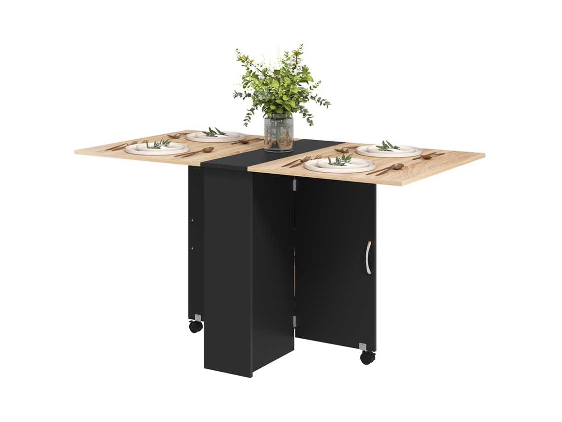 Mesa De Cozinha Dobrável De Madeira Com 2 Prateleiras De Armazenamento E Rodas 75x140x74 Cm Preto