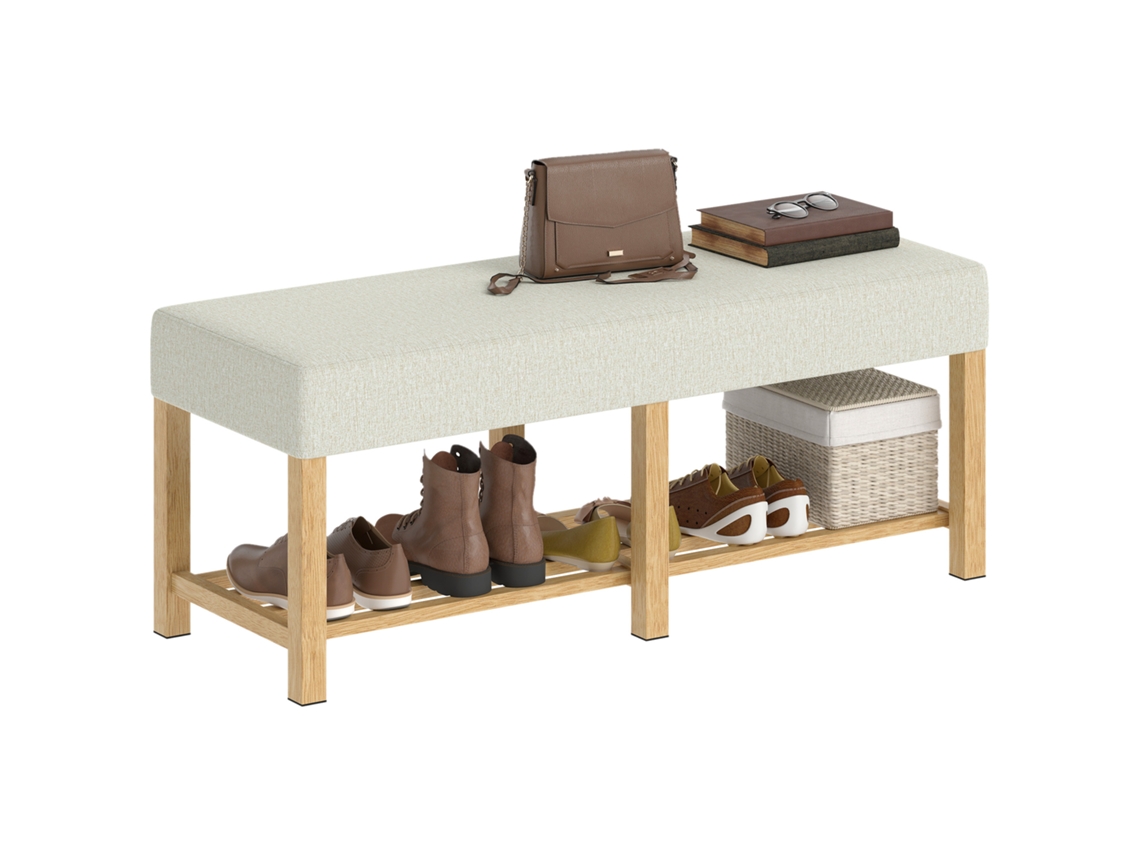 Banco para Sapatos com Espaço de Armazenamento, Assento Acolchoado e Prateleira Aberta, Madeira de Seringueira, 120 X 44 X 48 Cm, Natural CHEZMOI