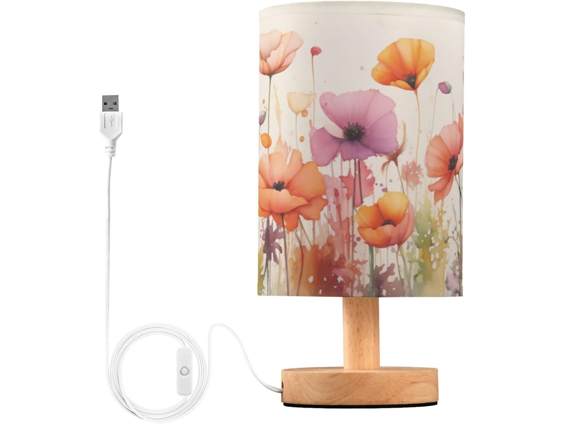 Luminária De Cabeceira Led Com Portas Usb Leitura Mesa Para Quarto Cúpula Tecido E Base Madeira Escritório Dormitório
