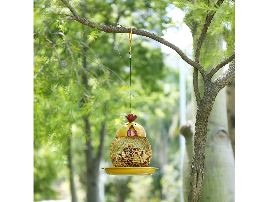 Alimentador para Pássaros Forma de Galinha de Ferro Amarelo para Jardim