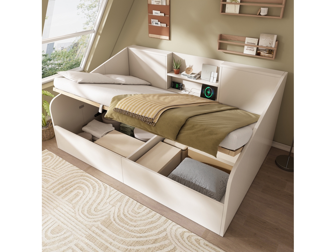 Cama De Dia Hidráulica 140x190cm Branca Com Armazenamento E Usb/type-c