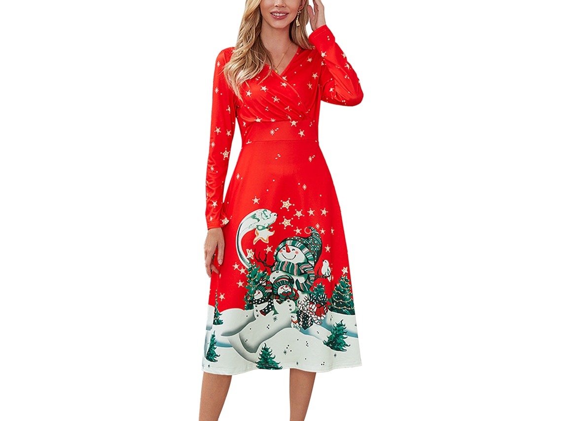 Vestido Largo De Navidad Para Mujer Con Estampado, Cuello V, Mangas Largas, Ajuste Slim Rojo Tipo B Talla Xl