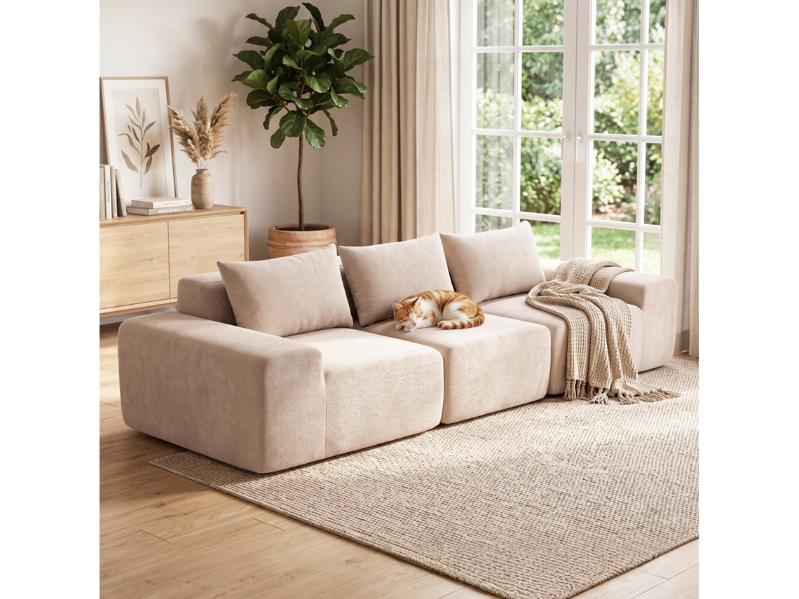 Sofá de Chenille de 3 Lugares, 320 cm, Sofá Modular, Assento E Braços Extralargos, Totalmente Comprimido, Bege