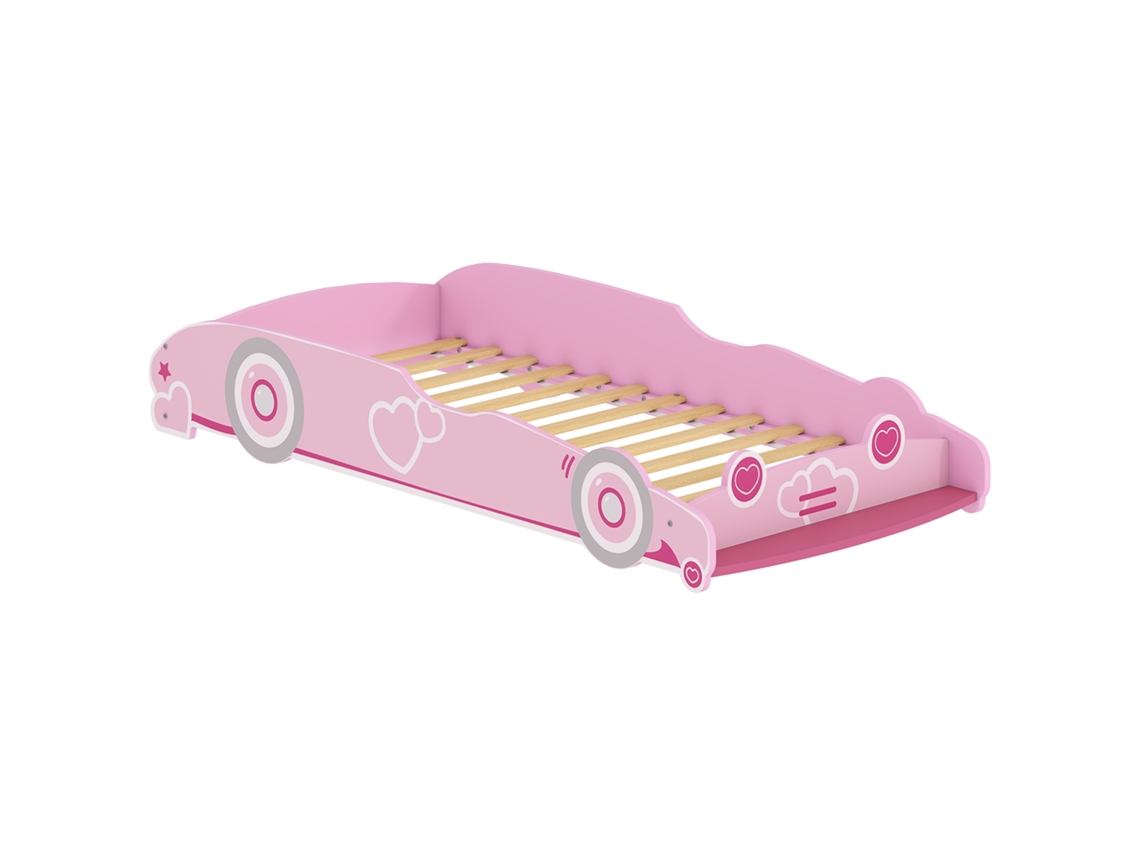 Cama Infantil 70x140 Cm Em Forma De Carro Com Barreira De Proteção E Estrado Para Crianças De 3-5 Anos Rosa