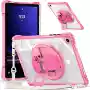 Capa Protetora Fina Transparente Para Samsung Tablet A9 11 Pol., Com Suporte Giratório, Pegador Silicone E Cordão Rosa Sfushos