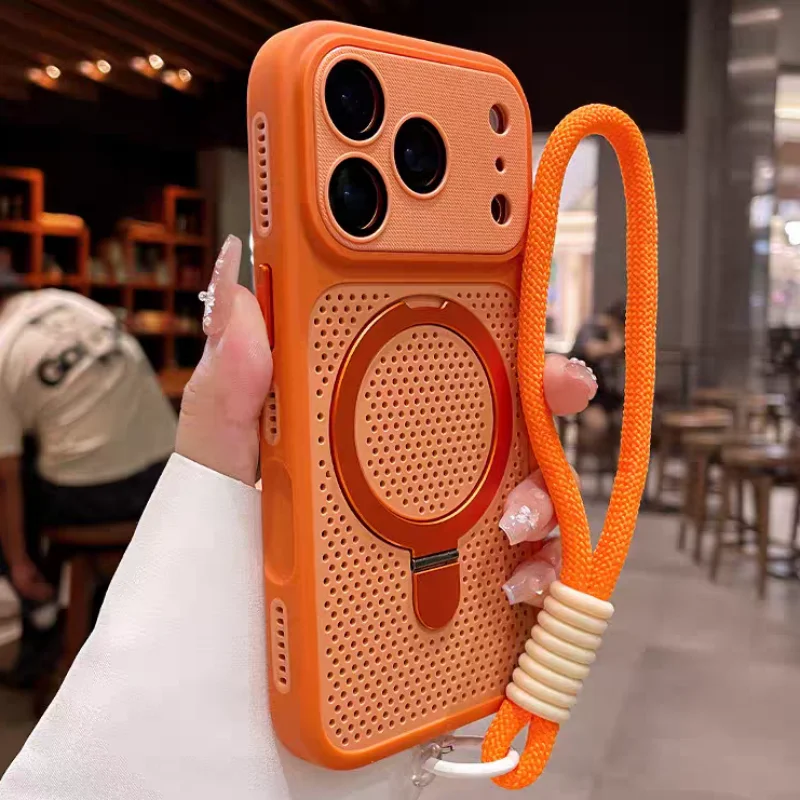 Capa Protetora Magnética Com Suporte E Sistema De Resfriamento Em Malha (laranja) Para Iphone 14 Pro Max