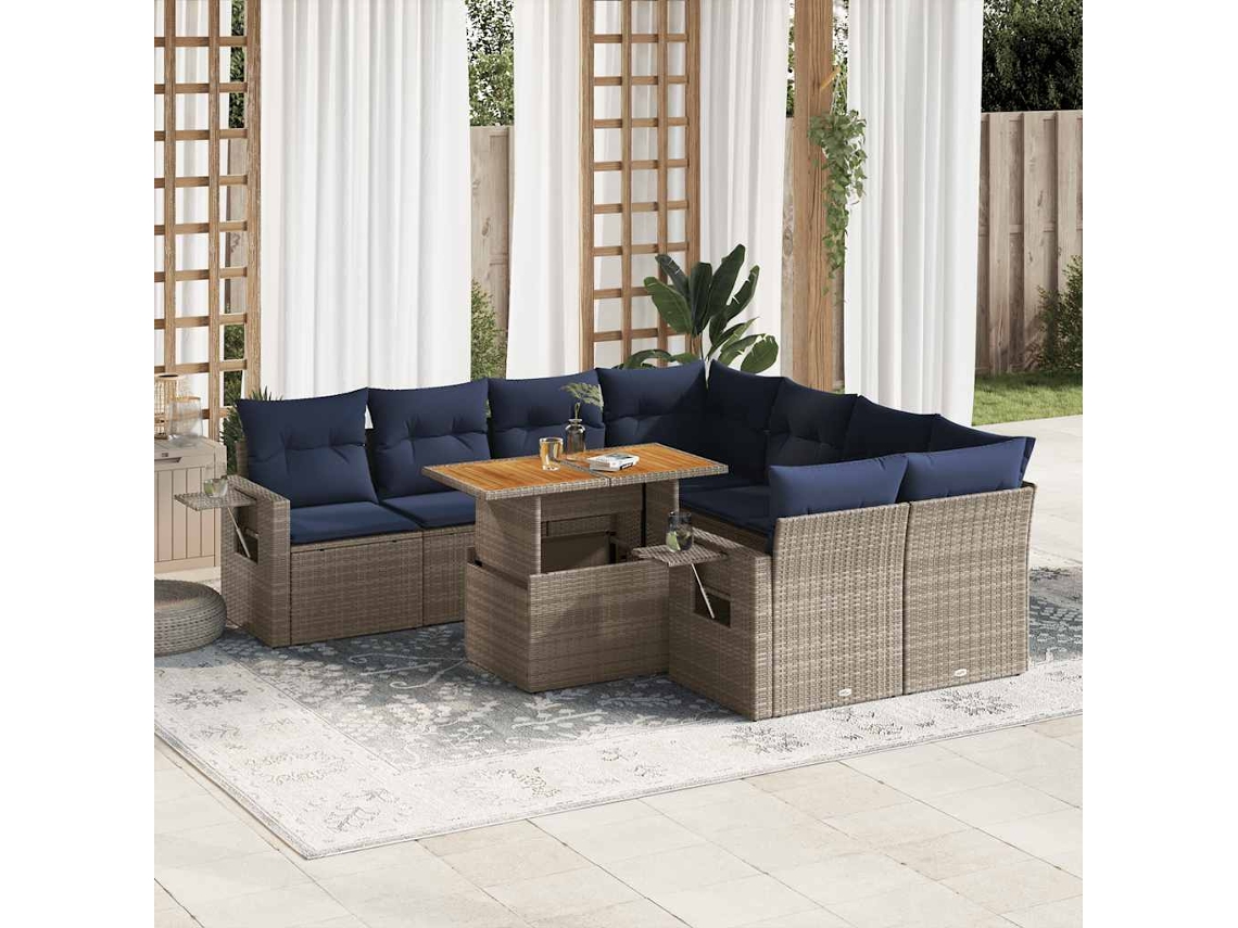 Vidaxl 9 Pcs Conjunto Sofás P/ Jardim Com Almofadões Vime Pe Cinzento
