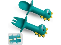 Conjunto de colher e garfo de silicone NOVA LINE para aprendizagem de alimentação de bebê, verde