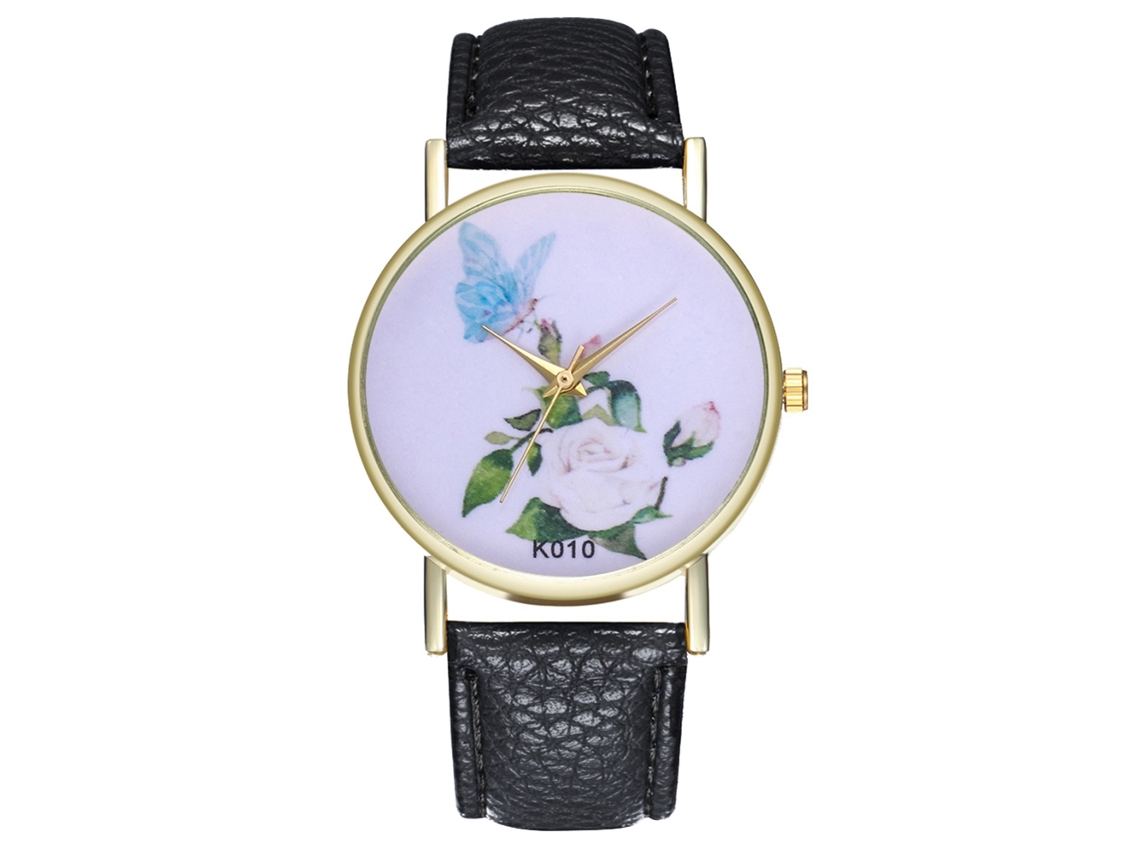 Relógio de pulso unissex Zhoulianfa com mostrador floral simples, pulseira de couro PU e mecanismo de quartzo (preto)