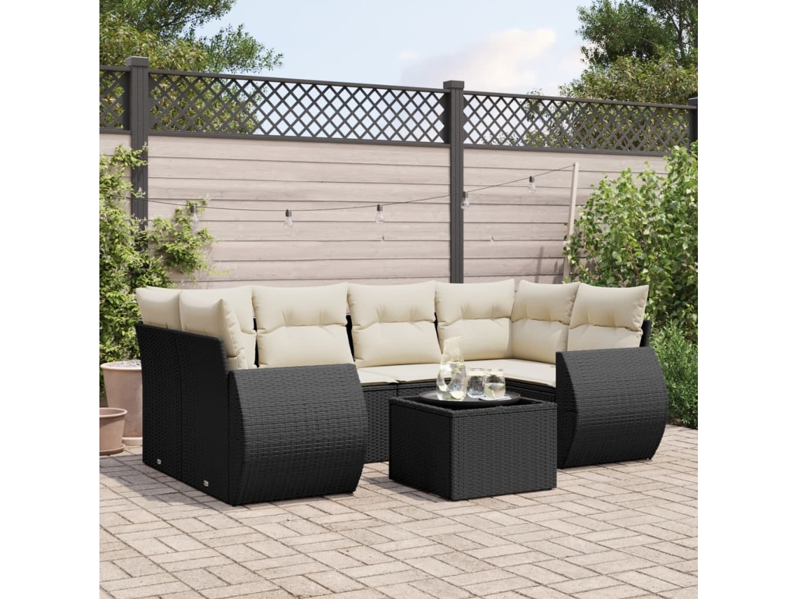 Jogo de Sofá 7 Peças P/ Jardim C/ Almofadões Vime Pe Preto Dkd Home Decor