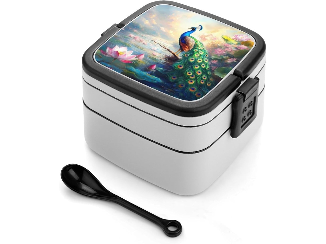 Lancheira Bento Floral Pavão Com 2-compartimentos E Colheres Para Preparar Refeições Levar O Trabalho Ao Ar Livre