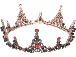 Coroa nupcial barroca redonda em liga vermelha com diamantes coloridos e cristais.
