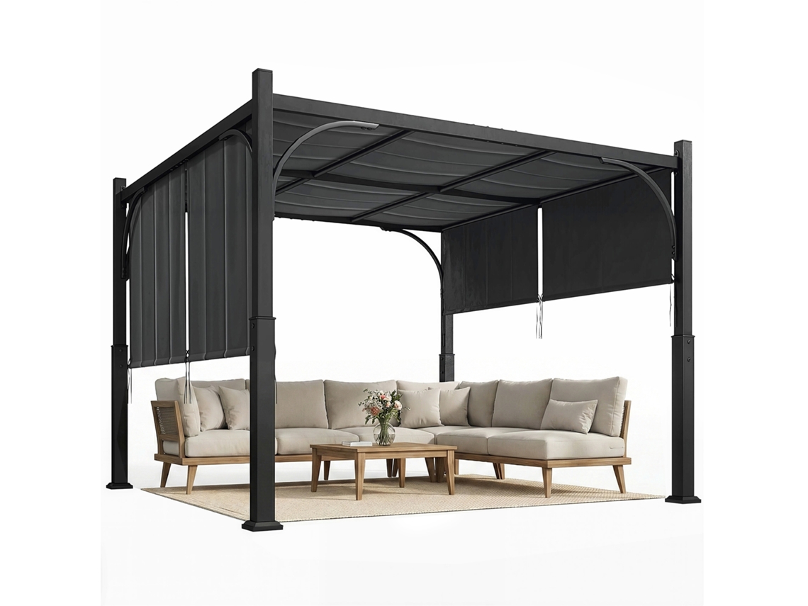 Pérgola De Jardim 3 X 3 M Com Cobertura Deslizante, Estrutura Metálica, Para Uso Externo, Cinza Escuro.