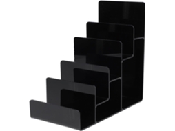Expositor Galpada Em Acrílico Preto Com Estrutura Trapezoidal E Design Multicamadas Para Bolsas Carteiras Lojas Centros