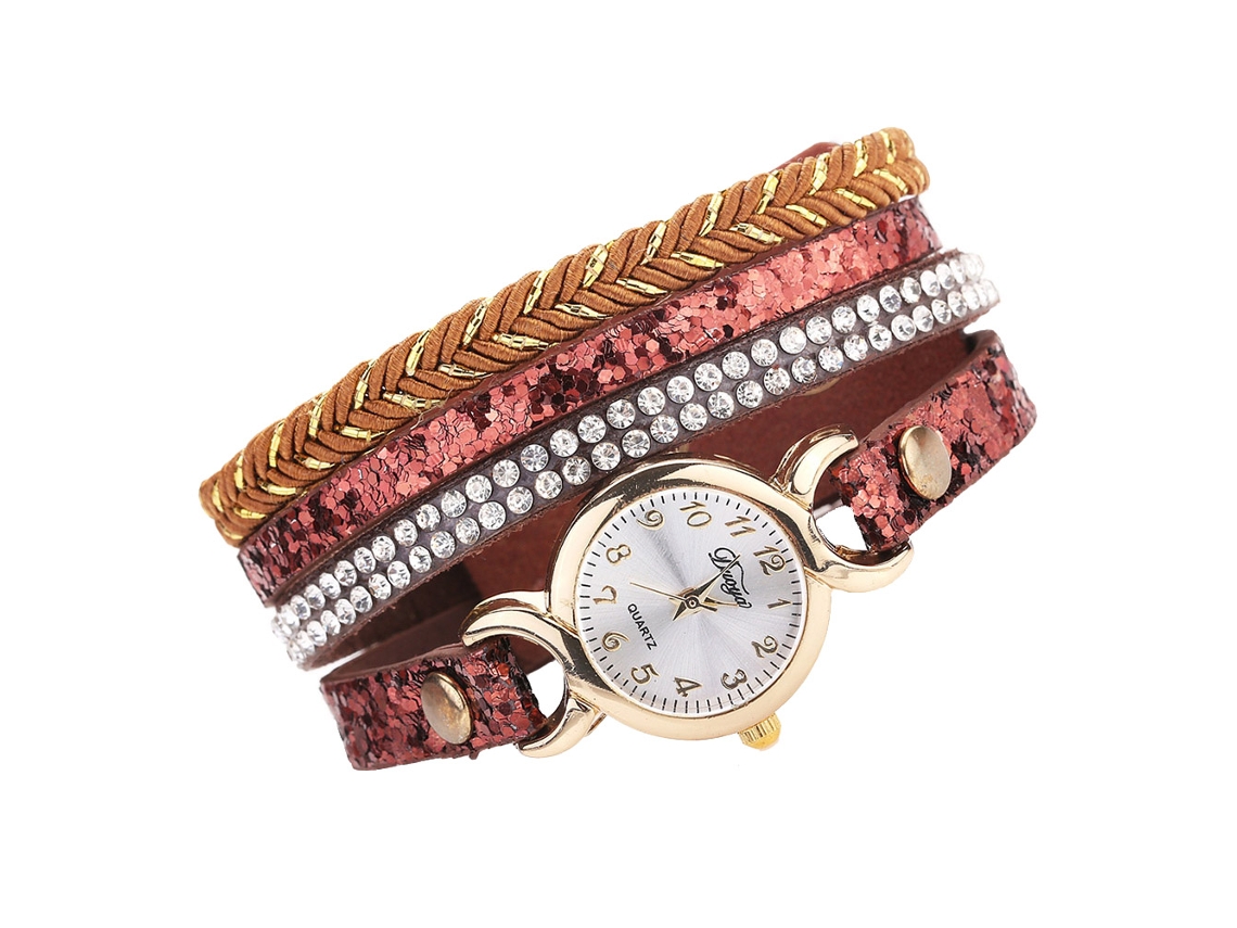 Relógio de Pulso Feminino Fashion com Pulseira de Couro Pu e Strass Quartzo Marrom