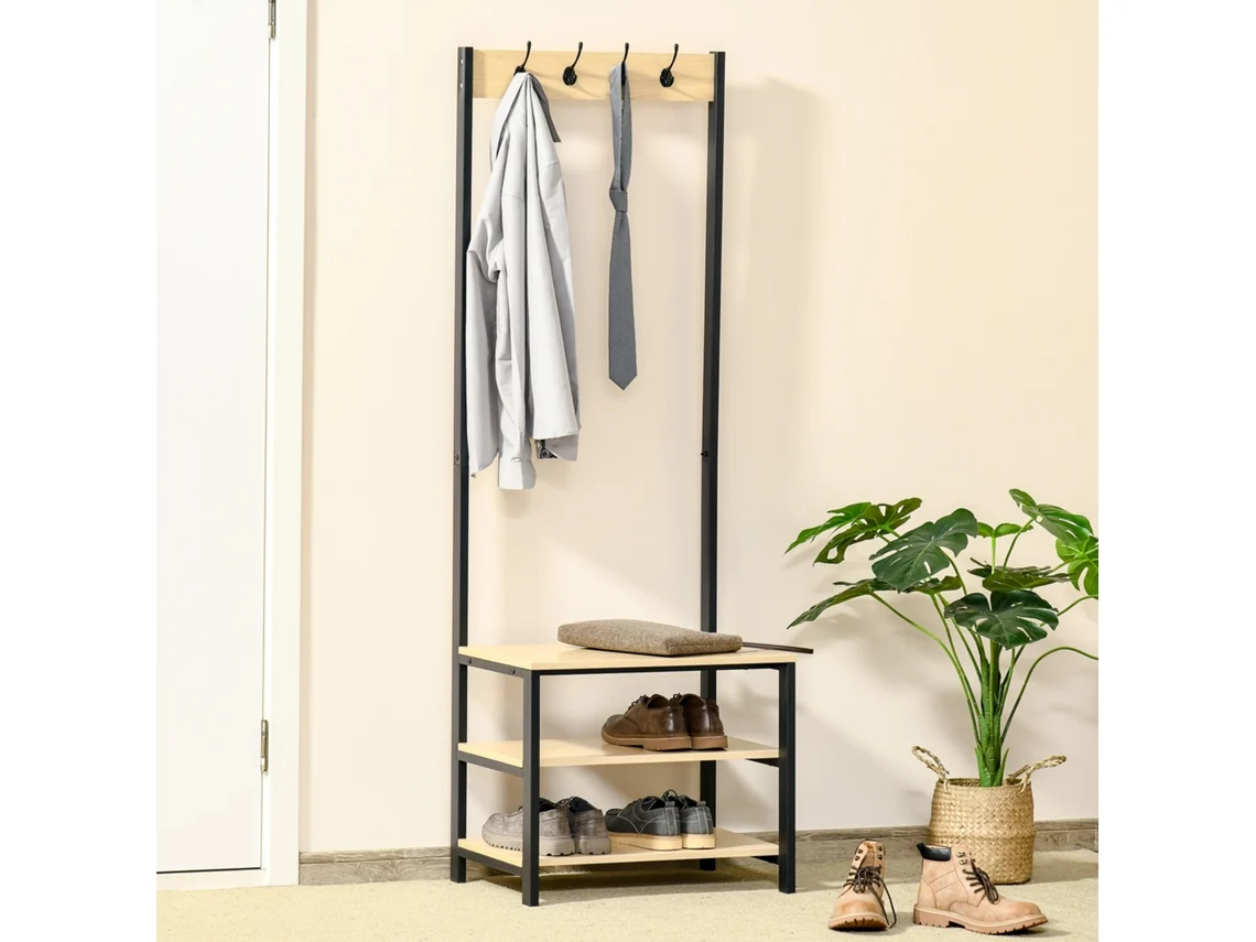 Suporte Para Roupas E Sapatos De Metal Com 3 Prateleiras E 8 Ganchos, Estande Para Corredor E Entrada, 60x40x175 Cm