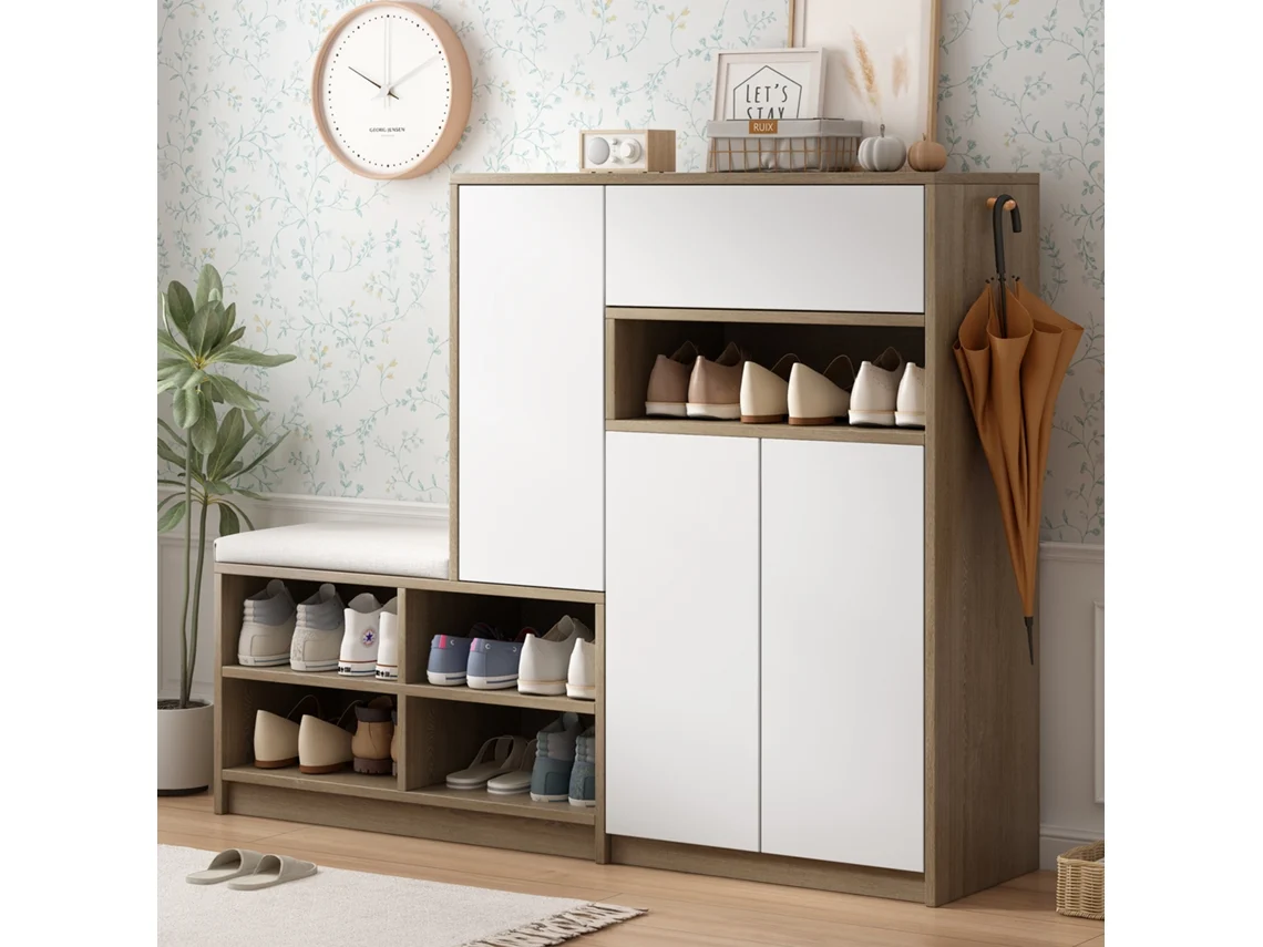 Banco Sapateira E Armário Multifuncional Com Assento Acolchoado, Solução Versátil Com Prateleiras Ajustáveis Para Hall, Branco, 140x35x110 Cm.
