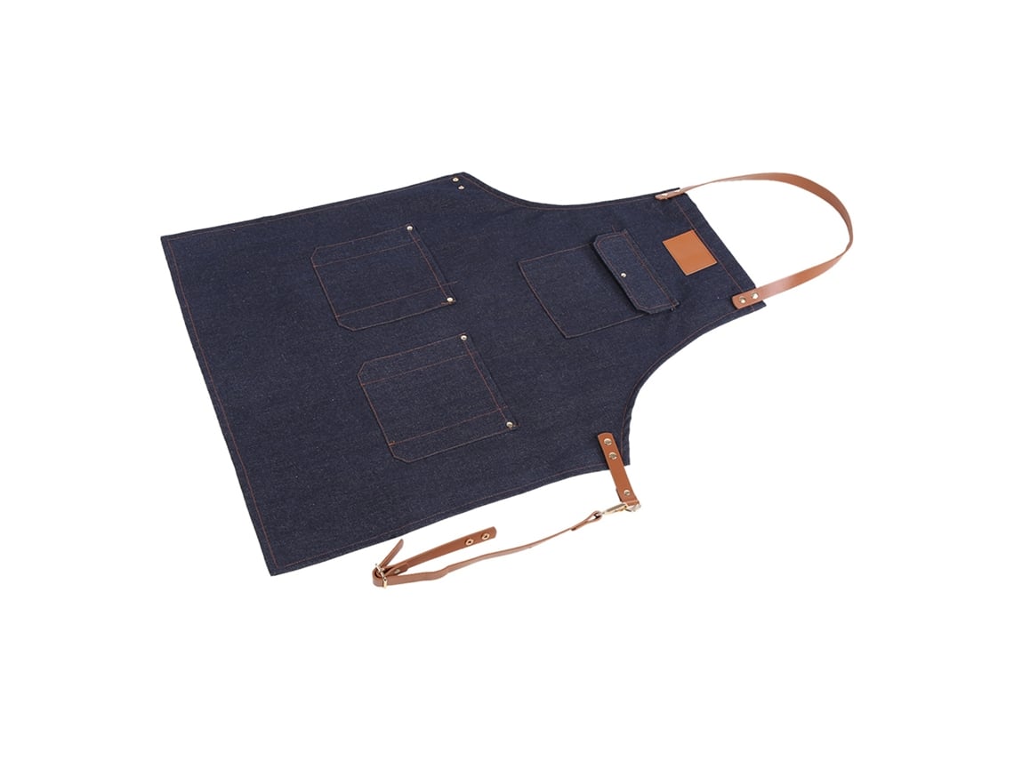 Avental de Denim com Bolsos e Correia de Couro Ajustável