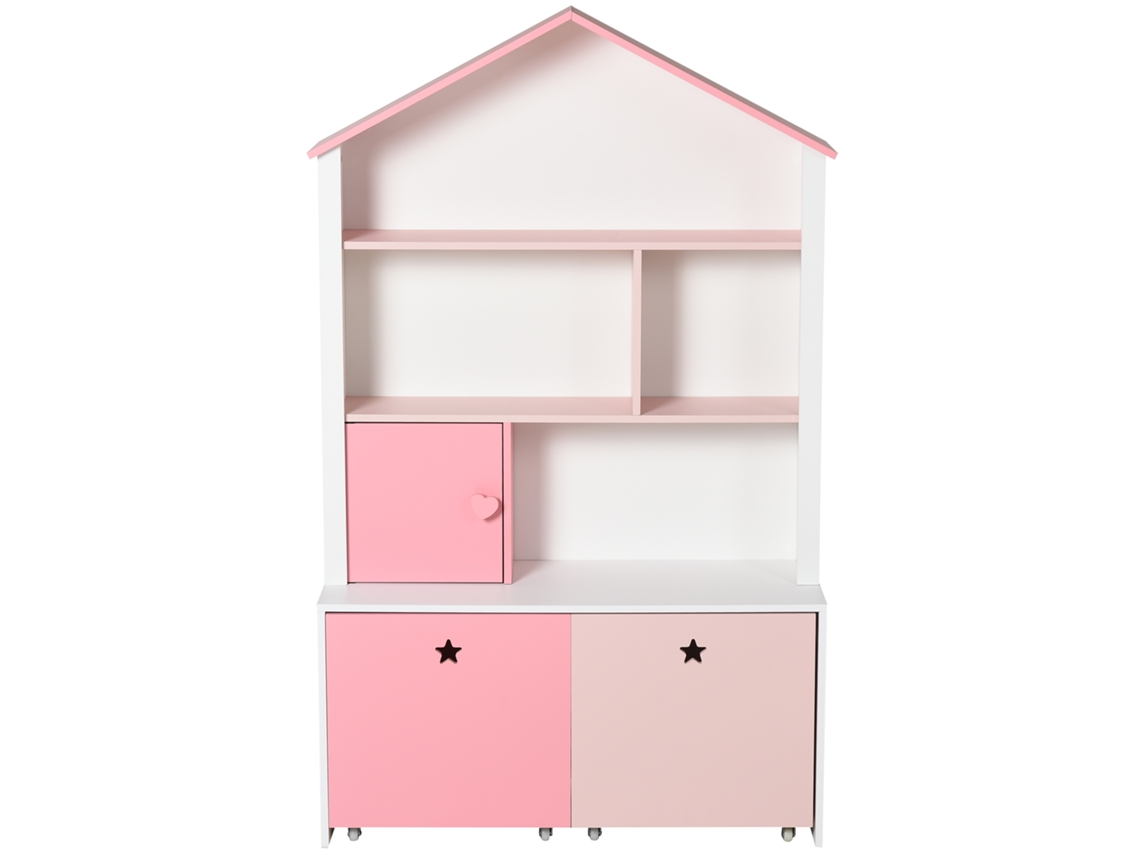 Estante De Madeira Infantil De Livros Para Crianças Com 4 Compartimentos 1 Porta E 2 Gavetas Removíveis Com Rodas Para Brinquedos 80x34x130cm Rosa