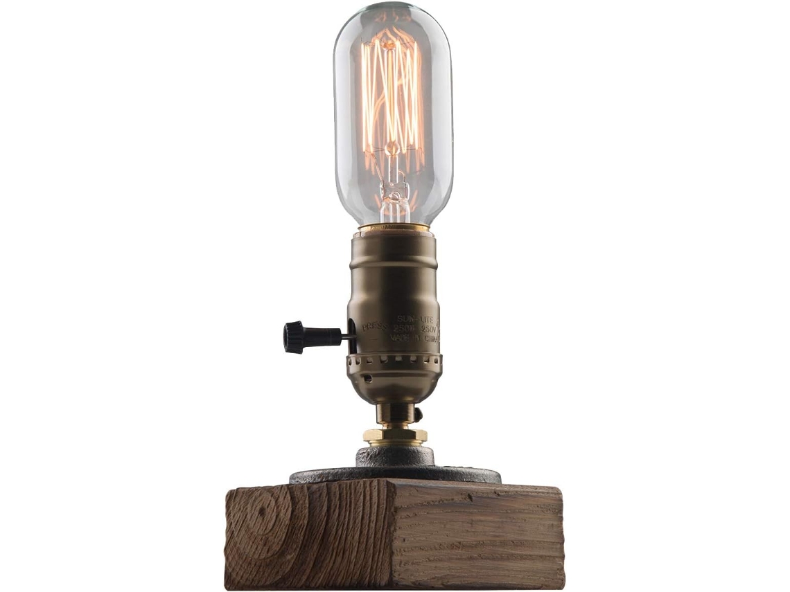 Abajur De Mesa Vintage Em Madeira Envelhecida Com Base Retrô Industrial Steampunk Cano Ferro Ideal Para Cabeceira