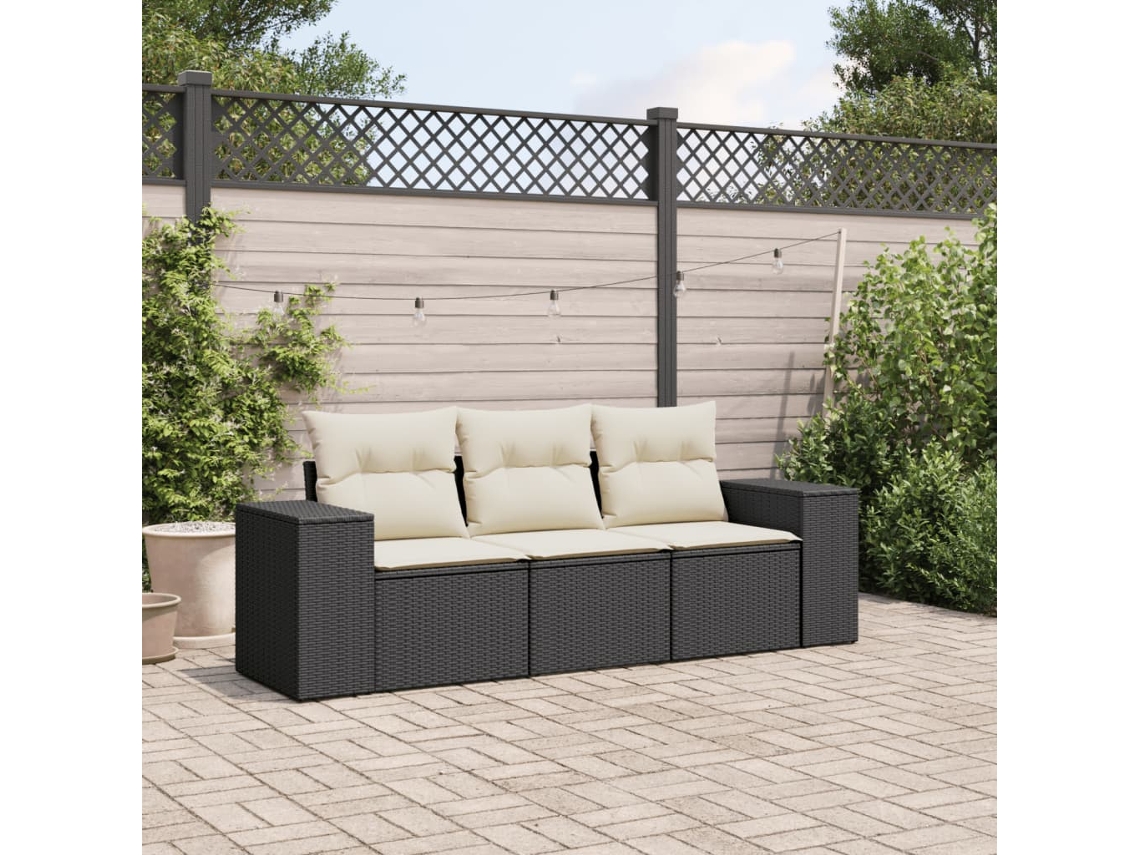 Vidaxl 3 Pcs Conjunto Sofás De Jardim Com Almofadões Vime Pe Preto