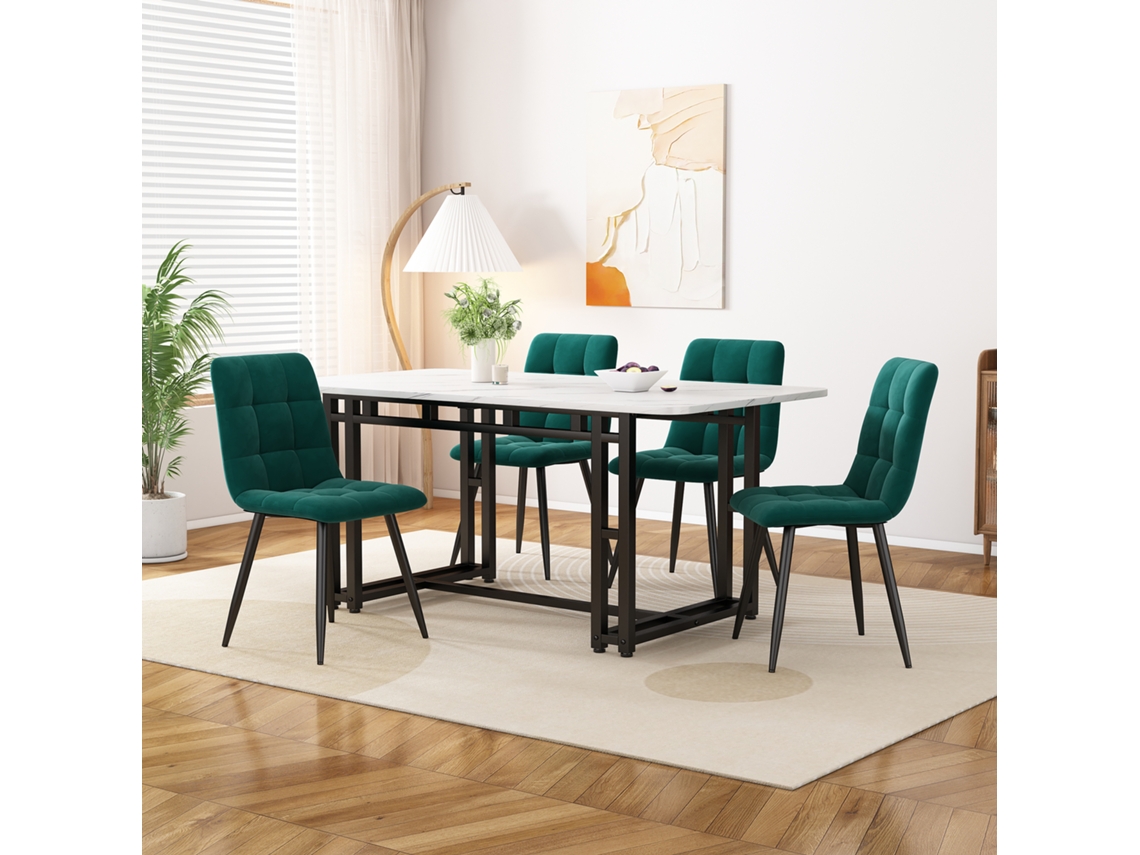 Conjunto De Mesa De Jantar Preto 120x70cm Com 4 Cadeiras De Veludo Verde Escuro E Pernas De Ferro Para Cozinha Moderna Echo